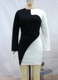 Autumn White and Black Contrast Elegant Long Sleeve Mini Dress