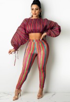 Autumn Party Print Multi-Color Stripes Crop Top and Pants Two Piece Set