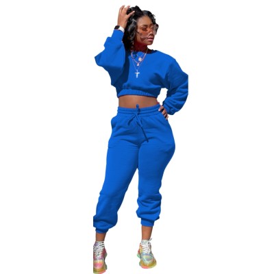 Winter Blue Blank Crop Top and Sweatpants Two Piece Set