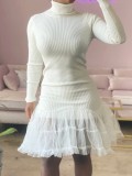 Winter White Knit Fishtail Mesh Patch Crew Neck Casual Dress