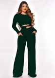 Winter Green Knit Casual Tied Crop Top and Pants Two Piece Set
