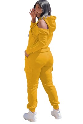 Winter Yellow Blank Cut Out Shoulder Hooded 2PC Pants Sweatsuit
