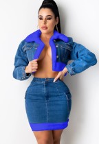 Winter Blue and Royal Feather Patch Denim Crop Jacket and Mini Skirt Two Piece Set