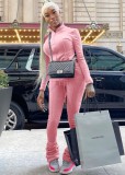 Winter Pink Sports Blank Zipped Up Turtleneck Two Piece Pants Tracksuit