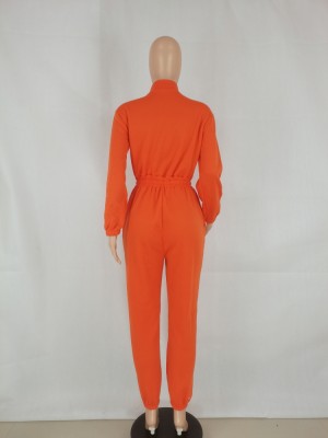 Winter Casual Orange Zipped Up Long Sleeve Jumpsuit