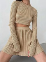 Winter Khaki Elegant Knit Crop Top and Pleated Skirt Two Piece Set