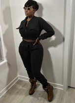 Winter Black Cropped Top and Pants Two Piece Tracksuit