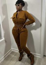 Winter Brown Cropped Top and Pants Two Piece Tracksuit