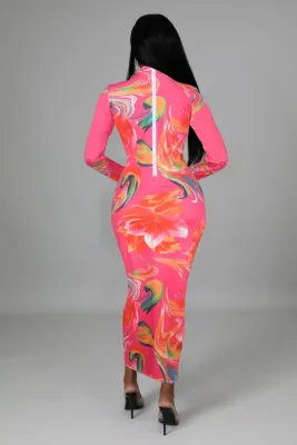 Winter Rose Floral Print Full Sleeve Long Bodycon Dress