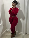 Winter Red Cropped Top and Pants Two Piece Tracksuit