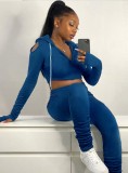 Winter Blue Cut Out Shoulder Hooded Crop Top and Stacked Pants 2 Piece Sweatsuit