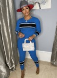 Winter Blue Knit Stripes Tight Shirt and Pants Two Piece Set