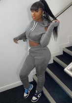 Winter Grey Cut Out Shoulder Hooded Crop Top and Stacked Pants 2 Piece Sweatsuit