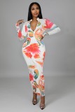 Winter White Floral Print Full Sleeve Long Bodycon Dress