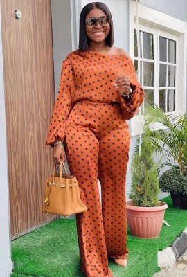 Autumn Orange Polka Print Elegant Top and Pants Two Piece Set