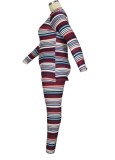 Winter Print Striped Tight Top and Pants Plus Size Two Piece Set