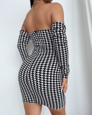 Autumn Black and White Print Sweetheart Long Sleeve Mini Dress