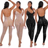 Autumn Black Party Sexy Beaded Strap Bodycon Jumpsuit