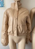 Winter Khaki Turtleneck Button Up Long Sleeve Cropped Leather Downcoat