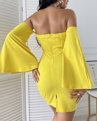 Autumn Yellow Party Sexy Slit Sleeves Strapless Mini Dress