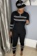 Winter Black Knit Stripes Tight Shirt and Pants Two Piece Set