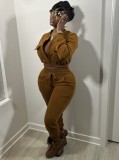 Winter Brown Cropped Top and Pants Two Piece Tracksuit