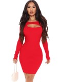Autumn Red Cut Out Sexy Long Sleeve Club Dress