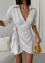 Autumn White Casual Wrapped Knotted Mini Dress
