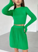 Winter Green Elegant Knit Crop Top and Pleated Skirt Two Piece Set