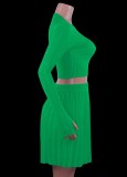 Winter Green Elegant Knit Crop Top and Pleated Skirt Two Piece Set