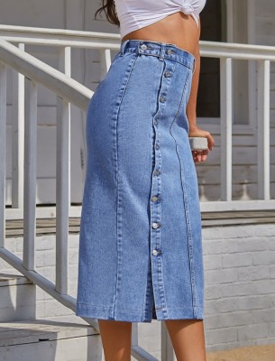 Winter Blue High Waist Button Up Long Denim Skirt