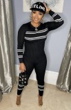 Winter Black Knit Stripes Tight Shirt and Pants Two Piece Set