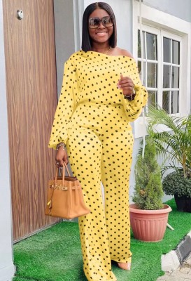 Autumn Yellow Polka Print Elegant Top and Pants Two Piece Set