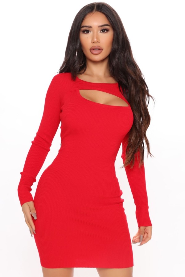 Autumn Red Cut Out Sexy Long Sleeve Club Dress