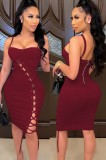 Autumn Red Sexy Lace-Up Strap Long Bodycon Dress