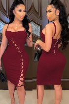 Autumn Red Sexy Lace-Up Strap Long Bodycon Dress