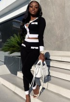Winter Black Knit Tight Crop Top and Pants Two Piece Set