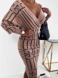 Winter Khaki Print V-Neck Puff Sleeve Elegant Midi Dress