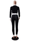 Winter Black Knit Tight Crop Top and Pants Two Piece Set