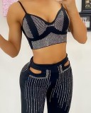 Autumn Black Party Sexy Beaded Bra and Pants Two Piece Set