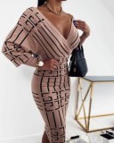 Winter Khaki Print V-Neck Puff Sleeve Elegant Midi Dress