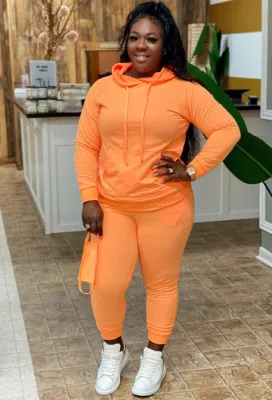 Winter Orange Blank Front Pocket Two Piece Hoodies Sweatsuit with Face Cover