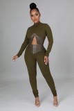 Winter Green Leather Patch Zipper Crop Top and Pants Two Piece Set
