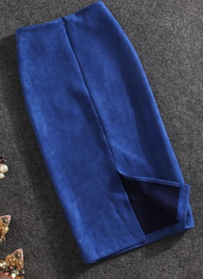 Winter Blue Velour Back Slit High Waist Pencil Skirt