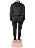 Winter Black Blank Front Pocket Two Piece Hoodies Sweatsuit with Face Cover