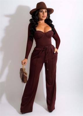 Winter Burgunry Square Neck Long Sleeve Top and Sweatpants Two Piece Set