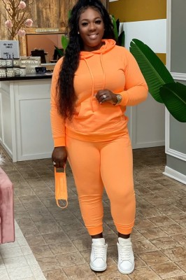 Winter Orange Blank Front Pocket Two Piece Hoodies Sweatsuit with Face Cover