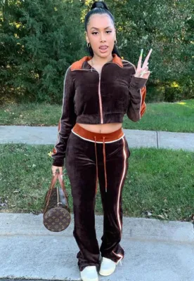 Winter Brown Velour Jessey Jacket and Pants Two Piece Tracksuit