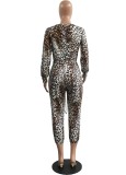 Winter Brown Leopard Print Crew Neck Drawstrings Jumpsuit