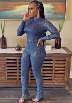 Winter Blue Metallic Tight Top and Slit Pants Two Piece Set